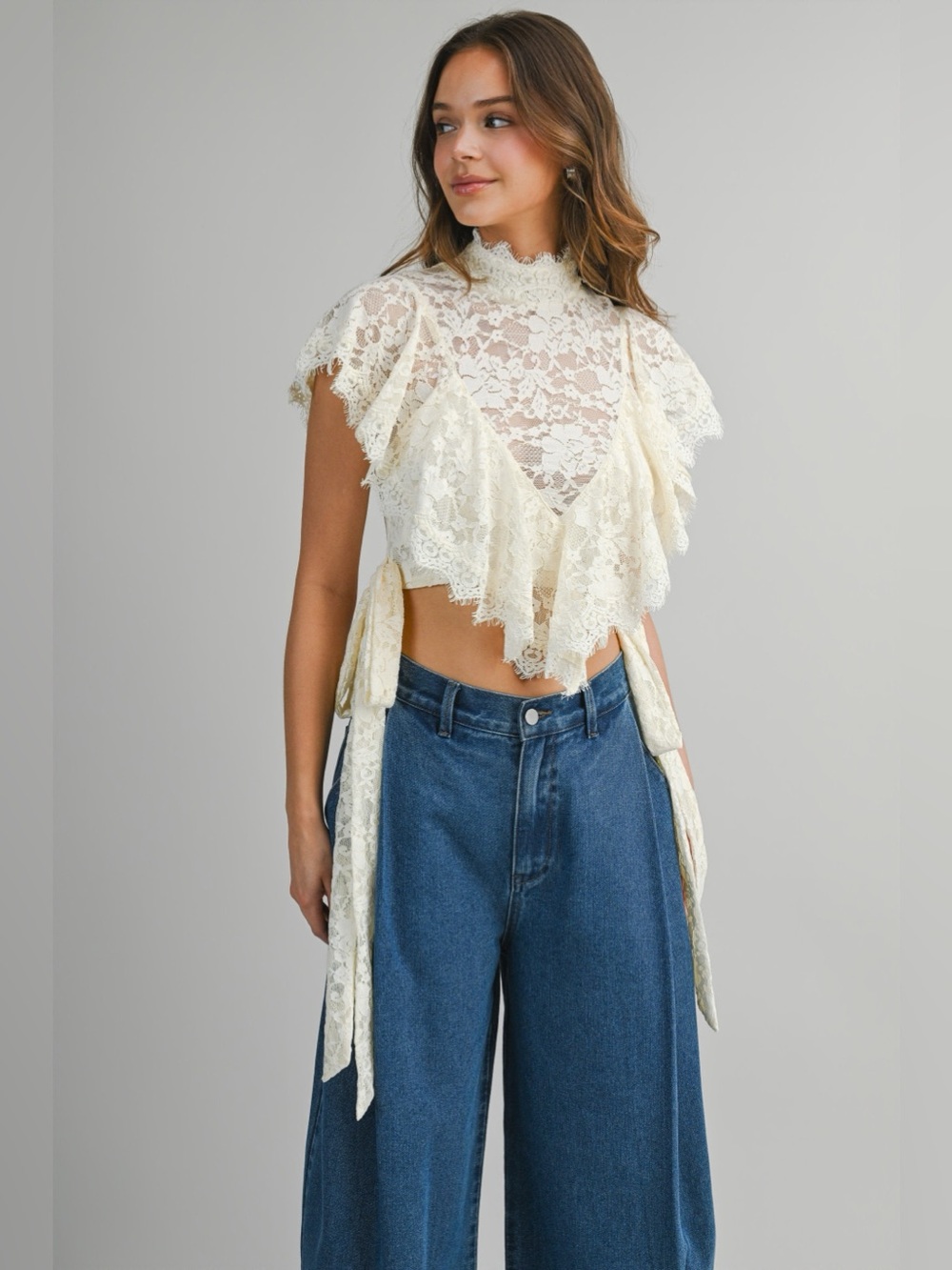 Catherine Ruffled Lace Cream Crop Top